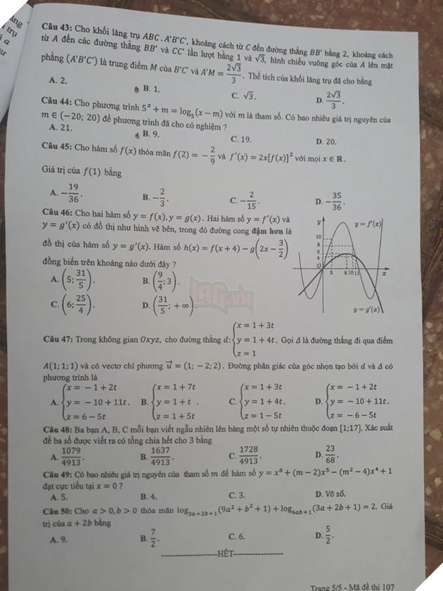 Đáp án đầy đủ 24 mã đề môn Toán kỳ thi THPT Quốc gia 2018 10
