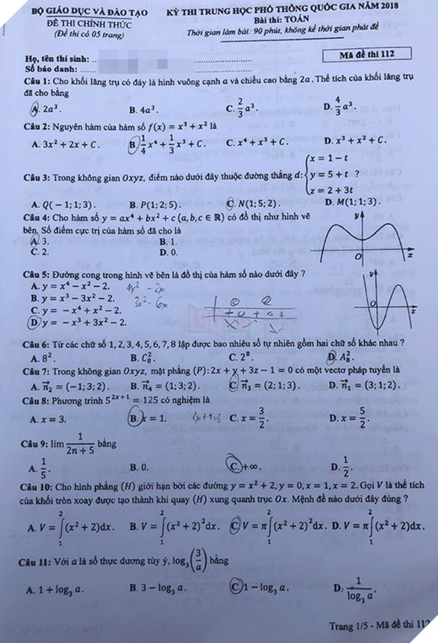 Đáp án đầy đủ 24 mã đề môn Toán kỳ thi THPT Quốc gia 2018 16