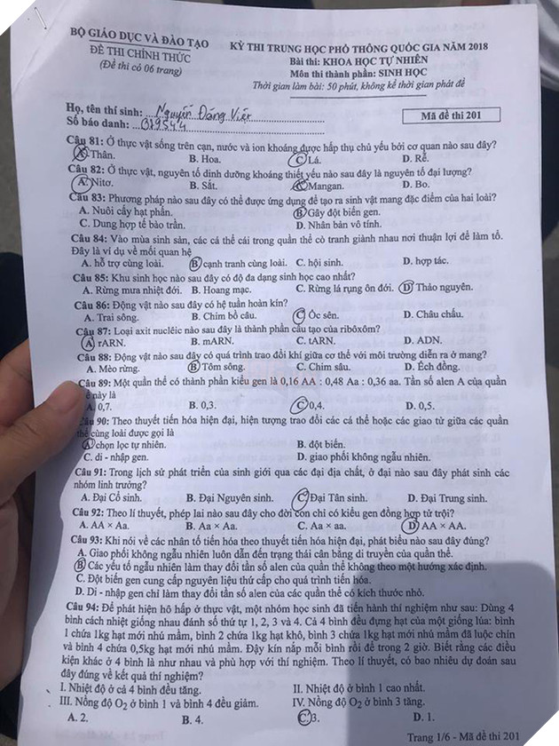 Gợi ý đáp án môn Sinh học tất cả mã đề thi THPT Quốc gia 2018 - Ảnh 1.