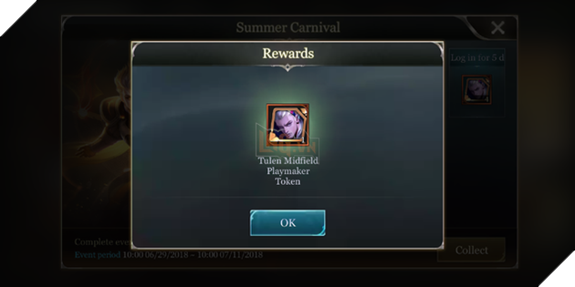 Điểm danh trong 7 ngày, kể từ 29/6/2018 sẽ giúp game thủ tích lũy 24 mảnh skin Tulen.