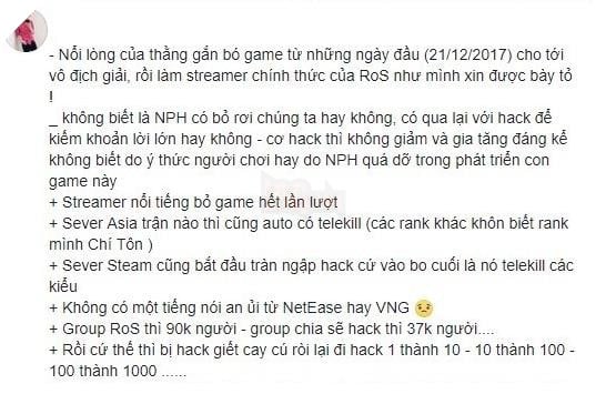 Một số chia sẻ của game thủ khi thất vọng với những gì đang xảy ra trong RoS thời gian vừa qua