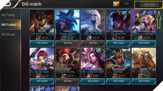 Shop đổi mảnh trong Liên Quân Mobile.