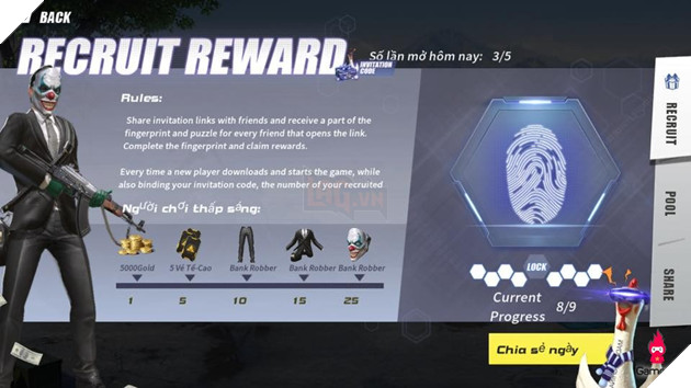 Làm thế nào để nhận được set đồ Bank Robber trong sự kiện Recruit Reward của Rules of Survival? 4 light Làm thế nào để nhận được set đồ Bank Robber trong sự kiện Recruit Reward của Rules of Survival? 4