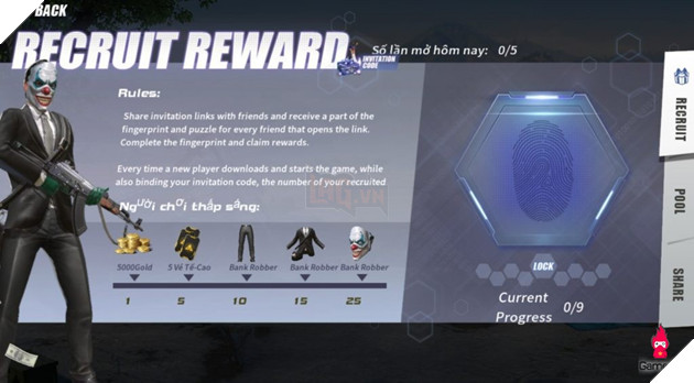 Làm thế nào để nhận được set đồ Bank Robber trong sự kiện Recruit Reward của Rules of Survival? 1 recu Làm thế nào để nhận được set đồ Bank Robber trong sự kiện Recruit Reward của Rules of Survival? 1