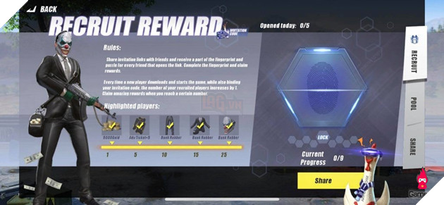 Làm thế nào để nhận được set đồ Bank Robber trong sự kiện Recruit Reward của Rules of Survival? 6 rules Làm thế nào để nhận được set đồ Bank Robber trong sự kiện Recruit Reward của Rules of Survival? 6
