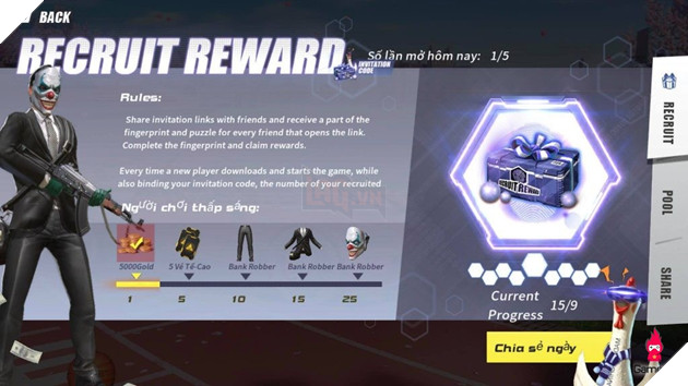 Làm thế nào để nhận được set đồ Bank Robber trong sự kiện Recruit Reward của Rules of Survival? 5 rw Làm thế nào để nhận được set đồ Bank Robber trong sự kiện Recruit Reward của Rules of Survival? 5