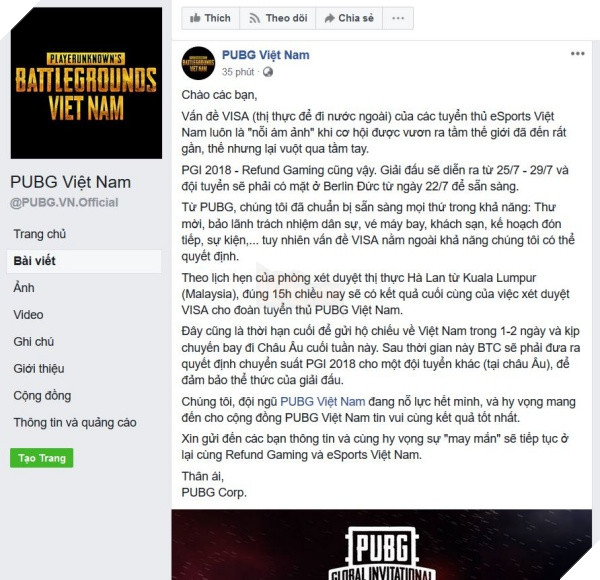 PUBG: Refund Gaming có thể lỡ hẹn với PGI 2018 vì vấn đề VISA