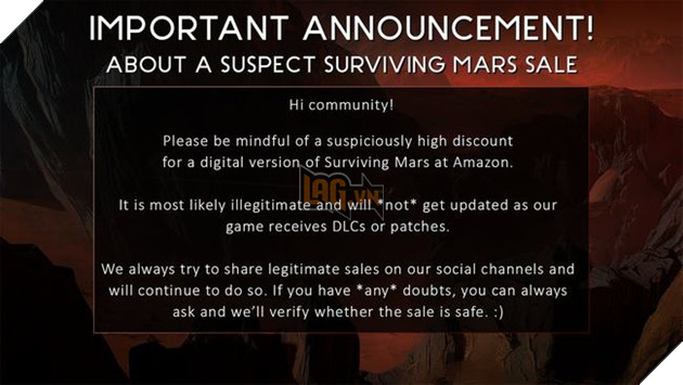 Tựa game còn lại là Surviving Mars, với thông báo đến từ hãng phát triển để giải quyết vấn đề