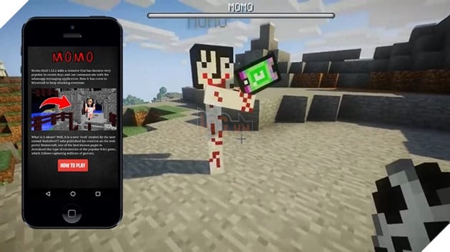Hình ảnh skin Momo trong tựa game Minecraft, vốn là game cực kì phổ biến với trẻ con