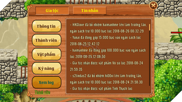 Xem log là nơi lưu trữ lịch sử hoạt động của từng thành viên trong gia tộc
