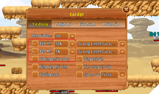 Điều chỉnh lại mức tự động bơm MP HP khi đánh quái cũng giúp tiết kiệm bạc  khóa