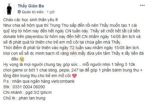 LMHT: Cựu HLV của FFQ khiến cộng đồng game thủ LMHT khi kêu gọi gây quỹ từ thiện, phát quà Trung Thu cho trẻ mồ côi - Ảnh 1.
