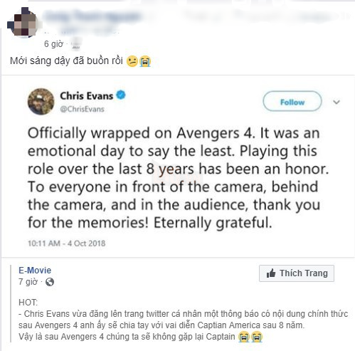 Cộng đồng mạng đồng loạt gửi lời tri ân khi nghe tin Chris Evans không đóng vai Captain America nữa - Ảnh 6. Cộng đồng mạng đồng loạt gửi lời tri ân khi nghe tin Chris Evans không đóng vai Captain America nữa - Ảnh 6.
