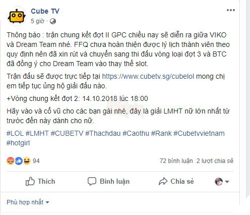 Cộng đồng mạng dậy sóng, đòi tẩy chay CubeTV sau sự cố team LMHT nữ FFQ rời khỏi giải - Ảnh 1.