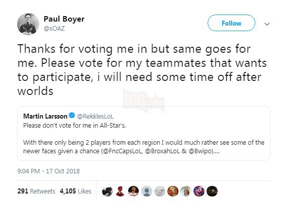 All-Star 2018 chỉ có 2 suất cho tuyển thủ chuyên nghiệp, Rekkles bất ngờ tuyên bố không muốn tham dự - Ảnh 3.