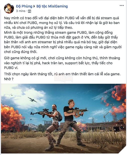 Quá thất vọng với PUBG, Độ Mixi lên tiếng kêu gọi anh em làm lễ xóa game - Ảnh 1.