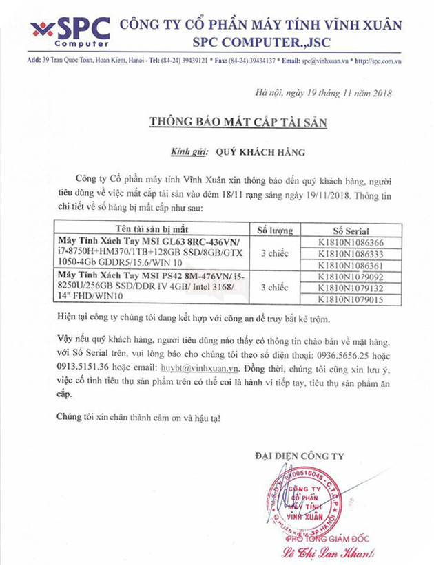 Sơ sẩy, công ty máy tính lớn tại Hà Nội bị nhảy mất 200 triệu đồng: Toàn laptop gaming hàng khủng - Ảnh 1.