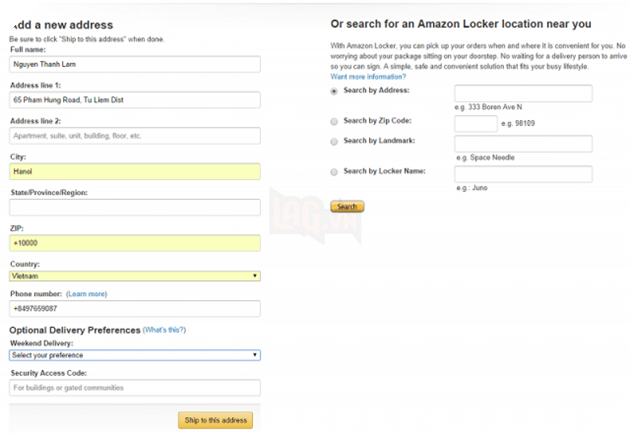 Bước điền địa chỉ khi mua hàng trên Amazon