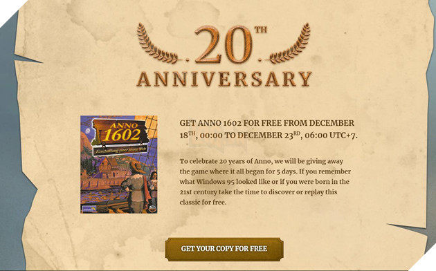 Kỷ niệm 20 năm series ANNO, Ubisoft tặng MIỄN PHÍ ANNO 1602 trên Uplay