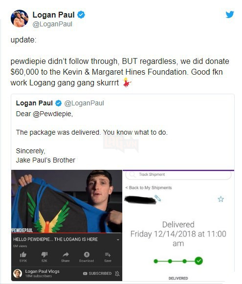 Paul Logan cáo buộc Pewdiepie không tuân thủ hiệp định, khoe đã quyên góp được $60.000 tiền từ thiện - Ảnh 1.