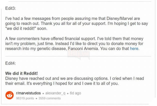 Avengers Endgame: Disney hoi dap chien dich Reddit cho chang trai bi ung thu 3 Avengers Endgame: Disney hồi đáp chiến dịch Reddit cho chàng trai bị ung thư 3
