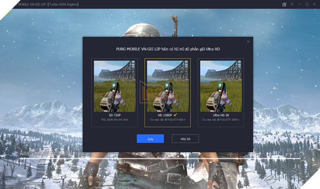 Cuối cùng khi vào game bạn sẽ lựa chọn độ phân giải, thiết lập lại một số tùy chọn theo ý mình là có thể chơi PUBG Mobile giả lập bản VNG chính chủ được rồi đấy. Nguồn: Ảnh chụp màn hình.