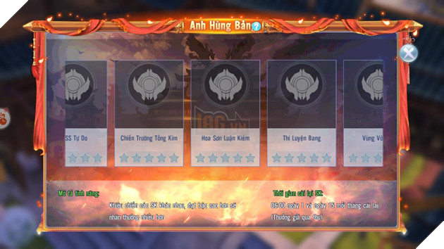 Anh Hùng Bảng - nơi tổng hợp thành tích của người chơi khi tham gia tất cả các hoạt động trong game. Hiểu đơn giản, đây chính là nơi xếp hạng và phát thưởng cho game thủ.