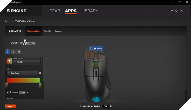 Hoặc bạn có thể qua tab Apps để tùy chỉnh thông số, hiệu ứng rung trong game hoặc khám phá thêm các tính năng mới mà Engine có thể làm được với Rival 710. Nguồn: Ảnh chụp màn hình.