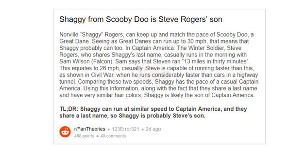 Giả thuyết Shaggy là con Captain America theo fan tưởng tượng ra. Nguồn: Internet.
