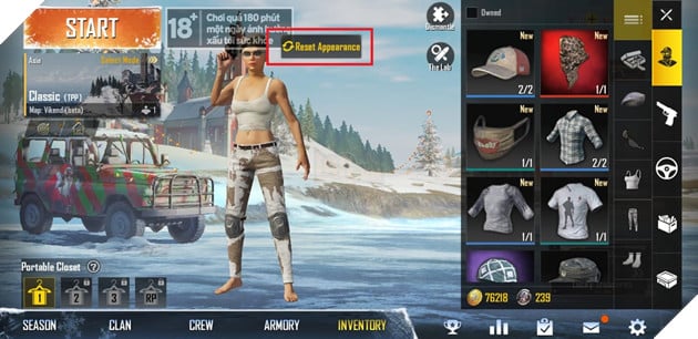PUBG Mobile VN: Cach thay doi ngoai hinh, kieu toc cho nhan vat trong game 2 Tiếp theo hãy nhấn nút Reset Apperance hiện ra ở giữa để bắt đầu quy trình "phẩu thuật chuyển giới"/"phẩu thuật thẩm mĩ cho nhân vật. Nguồn: Ảnh chụp màn hình.