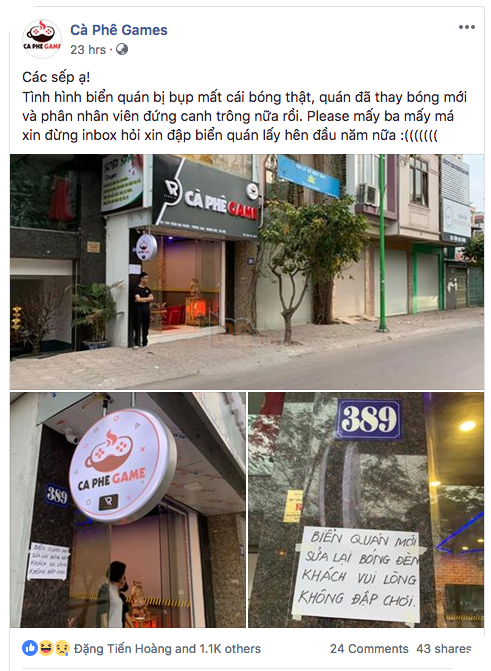 Bang den cua Ca Phe Game cua ViruSs bi khach hang xau tinh pha, phai cu ca nhan vien dung ngoai de canh chung 4 Bảng đèn của Cà Phê Game của ViruSs bị khách hàng xấu tính phá, phải cử cả nhân viên đứng ngoài để canh chừng 4