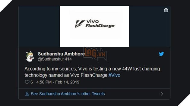Nguồn tin về Vivo FlashCharge trên Twitter. Nguồn: Internet. 