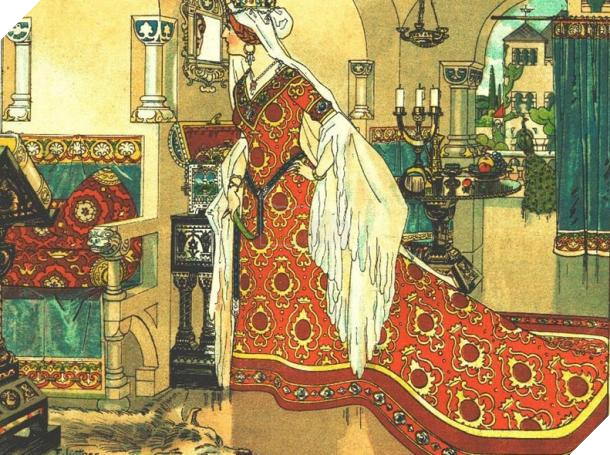Nguon goc thuc su cua cau chuyen nang Bach Tuyet va 7 chu lun va nhung su nhat dang so Snow White’s evil step-mother talking to her magic mirror (Wikipedia). Bà mẹ kế ác độc của Bạch Tuyết đang nói chuyện với gương thần (Ảnh: Wikipedia)