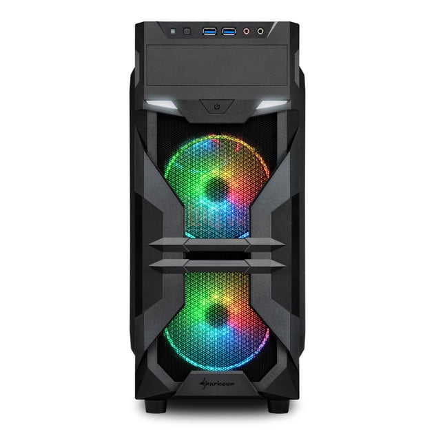 Sharkoon VG7-W Chiec thung may nho gon danh cho game thu 2 Sharkoon VG7-W RGB mặt trước với 2 quạt RGB. Nguồn: Sharkoon.