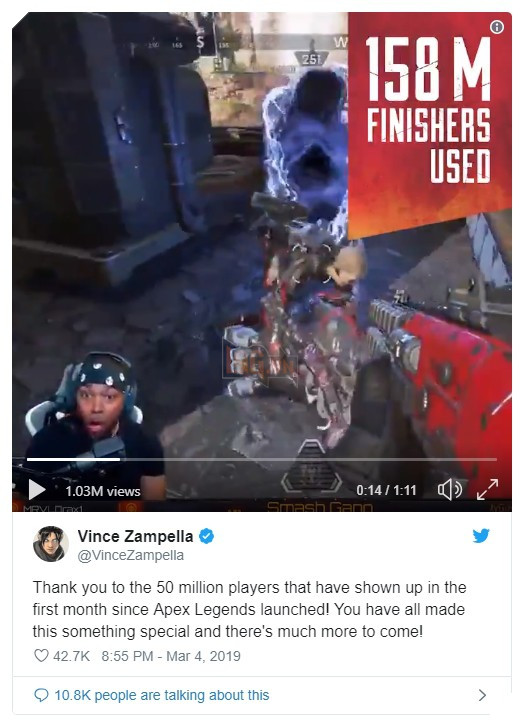 Apex Legends dat 50 trieu nguoi choi chi trong mot thang, vuot xa Fortnite 2 Apex Legends đạt 50 triệu người chơi chỉ trong một tháng, vượt xa Fortnite 2