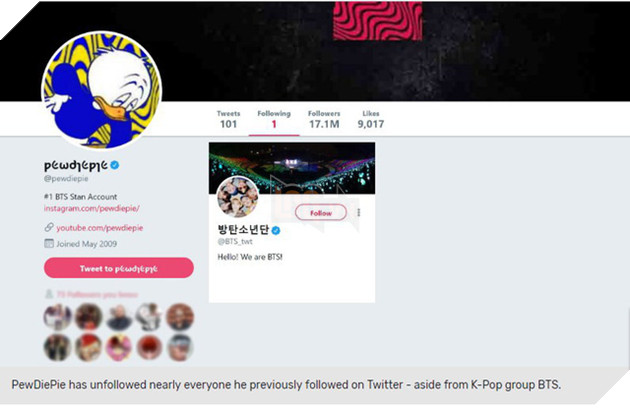 PewDiePie bất ngờ bỏ theo dõi tất cả mọi người trên Twitter, trừ nhóm nhạc BTS 3