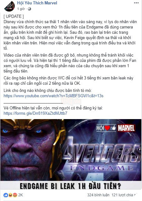 Disney sa thải nhân viên của mình khi quay lén một giờ đồng hồ của Avengers: Endgame trong buổi chiếu thử