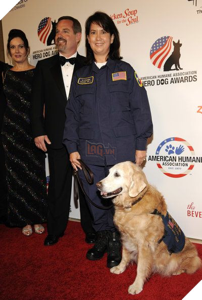 Bretagne cùng người hướng dẫn tại lễ trao giải Chú chó anh hùng của Hiệp hội Nhân đạo Mỹ ở California năm 2014 (Ảnh: AP)