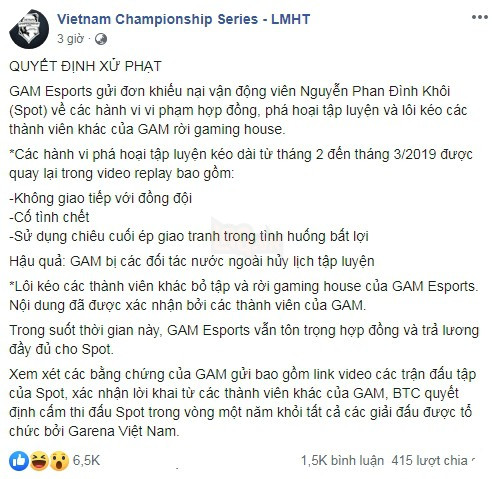 LMHT: GAM Esports khẳng định Spot sẽ phải bồi thường điều khoản hợp đồng