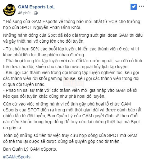 LMHT: GAM Esports khẳng định Spot sẽ phải bồi thường điều khoản hợp đồng 2