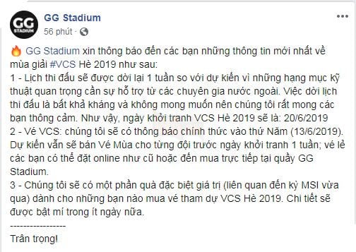 LMHT: VCS Mùa Hè 2019 bị dời lịch thi đấu lẫn ngày bán vé, ai mua vé sẽ nhận được quà