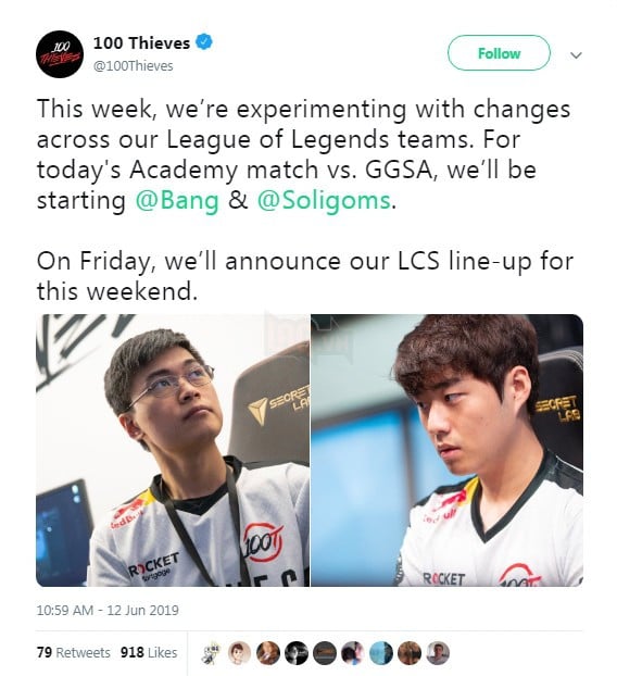 LMHT: Bang bất ngờ bị đá khỏi đội hình chính của 100T, phải tham gia vào đội Academy 2