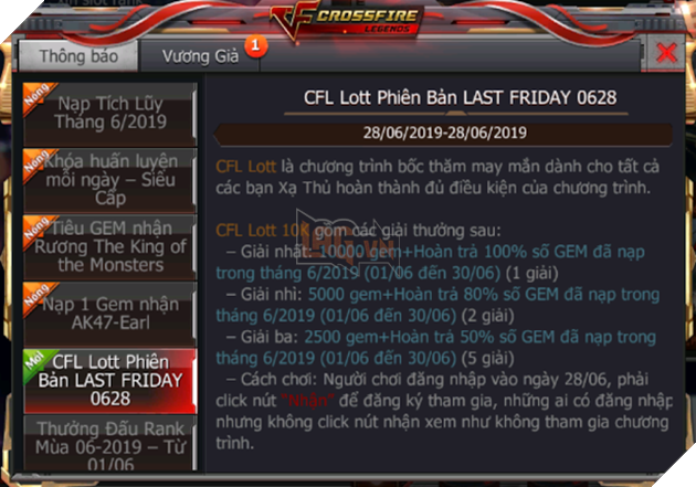 CFL Lottery nhân dịp thứ 6 cuối cùng của tháng với phần thưởng lên đến 10000 GEM 7