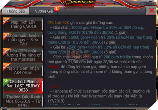 CFL Lottery nhân dịp thứ 6 cuối cùng của tháng với phần thưởng lên đến 10000 GEM 8