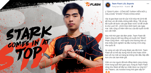 LMHT: Stark chính thức là thành viên của Team Flash, đoàn tụ cùng Optimus 2