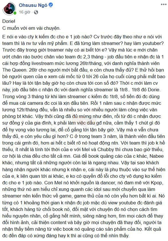 Ohsusu lên tiếng phản pháo cực mạnh về việc The Queen Team bị Dorie tố quỵt tiền