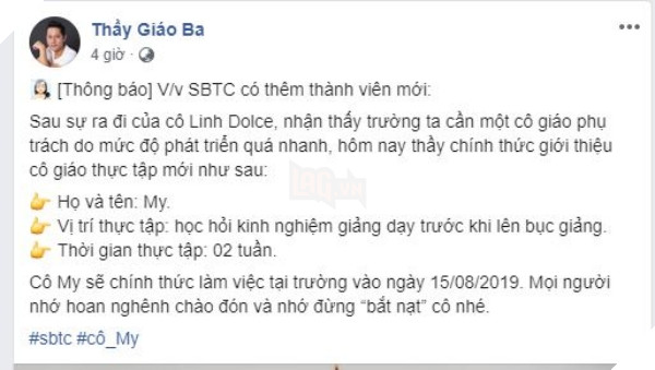 Thầy giáo Ba hé lộ thành viên mới của SBTC sau khi cô giáo Linh Dolce rời đi 2