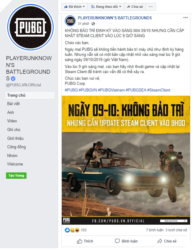 PUBG PC: Thông báo không bảo trì định kỳ vào sáng ngày 9.10.2019 2
