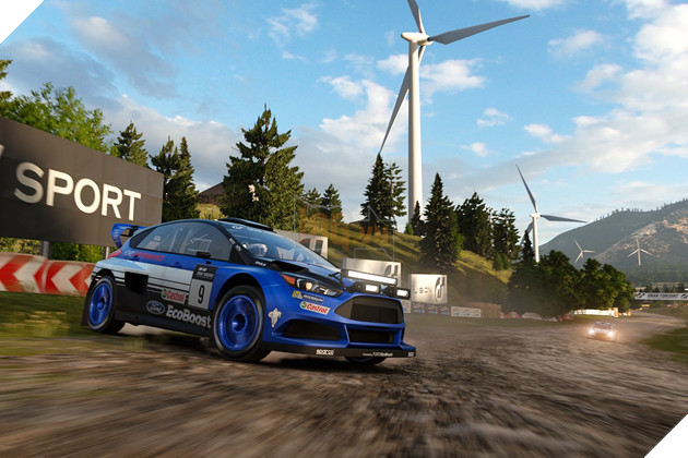 blue rendered car on dirt race track with a car's headlights far behind