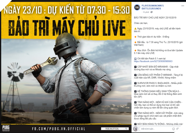 PUBG: Thời gian bảo trì vào ngày 23 tháng 10 tiến hành đưa bản Update 5.1 vào máy chủ Live